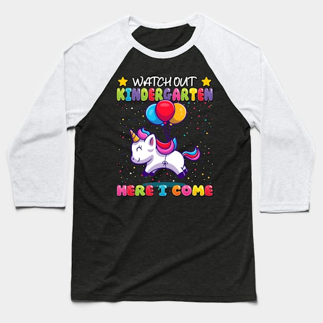 Kindergarten Here I Come Unicorn Enrollment Baseball T-Shirt by auviba-design